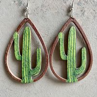 1 Pair Retro Cactus Sunflower Water Droplets Wood Hollow Out Women's Drop Earrings sku image 2