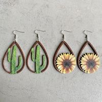 1 Pair Retro Cactus Sunflower Water Droplets Wood Hollow Out Women's Drop Earrings main image 4