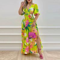 Femmes Jupe Irrégulière Hawaïen Col En V Impression Manche Courte Bloc De Couleur Maxi Longue Robe Vacances Rue main image 3