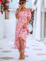 Women's A-line Skirt Vacation Boat Neck Printing Short Sleeve Flower Maxi Long Dress Street sku image 3