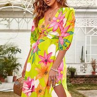 Femmes Jupe Irrégulière Hawaïen Col En V Impression Manche Courte Bloc De Couleur Maxi Longue Robe Vacances Rue main image 6