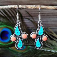 1 Pair Ethnic Style Leaf Water Droplets Metal Inlay Artificial Gemstones Turquoise Silver Plated Women's Drop Earrings main image 2