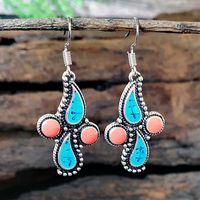 1 Pair Ethnic Style Leaf Water Droplets Metal Inlay Artificial Gemstones Turquoise Silver Plated Women's Drop Earrings main image 1