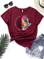 Women's T-shirt Short Sleeve T-shirts Printing Casual Letter Colorful Flower main image 3