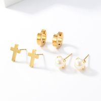 3 Pairs Fashion Simple Style Cross Heart Shape Butterfly Stainless Steel Plating Inlay Pearl Zircon Ear Studs main image 5