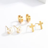 3 Pairs Fashion Simple Style Cross Heart Shape Butterfly Stainless Steel Plating Inlay Pearl Zircon Ear Studs main image 6