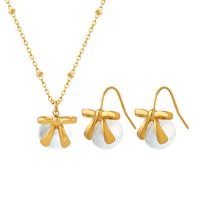 Wholesale Fashion Bow Knot Titanium Steel Inlay Pearl Earrings Necklace main image 5