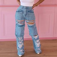 Frau Täglich Strassenmode Einfarbig In Voller Länge Zerrissen Jeans Gerade Hosen main image 1