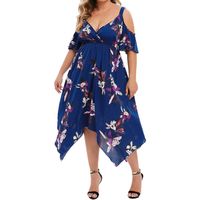 Fashion Flower V Neck Short Sleeve Printing Polyester Midi Dress Irregular Skirt sku image 11