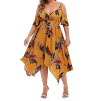 Fashion Flower V Neck Short Sleeve Printing Polyester Midi Dress Irregular Skirt sku image 16