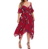 Mode Fleur Col En V Manche Courte Impression Polyester Robe Mi-longue Jupe Irrégulière sku image 23