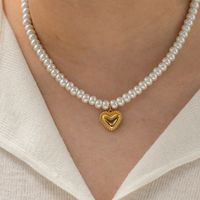 1 Piece Ins Style Heart Shape Stainless Steel Freshwater Pearl Beaded Plating Pendant Necklace main image 7