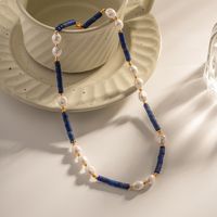 1 Piece Ins Style Round Stainless Steel Freshwater Pearl Lapis Lazuli Beaded Plating Necklace main image 8