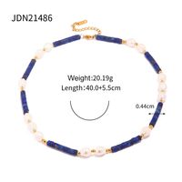 1 Piece Ins Style Round Stainless Steel Freshwater Pearl Lapis Lazuli Beaded Plating Necklace sku image 1