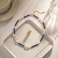 1 Piece Ins Style Round Stainless Steel Freshwater Pearl Lapis Lazuli Beaded Plating Necklace main image 5
