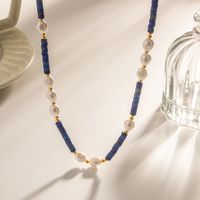 1 Pièce Style Ins Rond Acier Inoxydable Perle D'eau Douce Lapis Lazuli Perlé Placage Collier main image 4