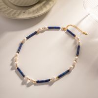 1 Piece Ins Style Round Stainless Steel Freshwater Pearl Lapis Lazuli Beaded Plating Necklace main image 7