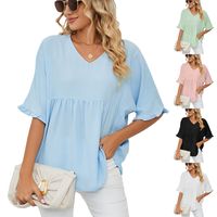 Women's Blouse Half Sleeve T-shirts Lettuce Trim Fashion Solid Color main image 1