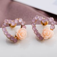 1 Set Fashion Heart Shape Rose Alloy Plating Artificial Pearls Rhinestones Gold Plated Women's Ear Studs main image 4
