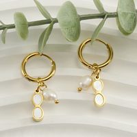 1 Pair Fashion Oval Stainless Steel Freshwater Pearl Pearl Plating Inlay Shell Drop Earrings main image 2