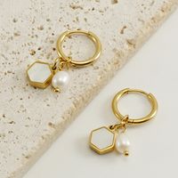 1 Pair Casual Hexagon Stainless Steel Pearl Plating Inlay Shell Drop Earrings main image 3