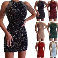 Sexy Solid Color Halter Neck Sleeveless Sequins Patchwork Spandex Polyester Above Knee Party Dress main image 1