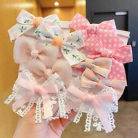 Cute Plaid Flower Bow Knot Cloth Inlaid Pearls Hair Tie 1 Set sku image 4
