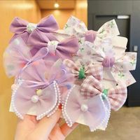 Cute Plaid Flower Bow Knot Cloth Inlaid Pearls Hair Tie 1 Set sku image 6