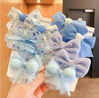 Cute Plaid Flower Bow Knot Cloth Inlaid Pearls Hair Tie 1 Set sku image 7