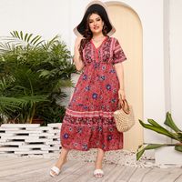 Swing Dress Ethnic Style V Neck Patchwork Straps Lace Short Sleeve Ditsy Floral Maxi Long Dress Daily main image 4