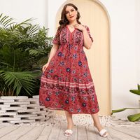 Swing Dress Ethnic Style V Neck Patchwork Straps Lace Short Sleeve Ditsy Floral Maxi Long Dress Daily main image 3