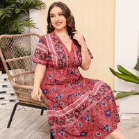 Swing Dress Ethnic Style V Neck Patchwork Straps Lace Short Sleeve Ditsy Floral Maxi Long Dress Daily main image 2