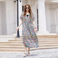 Swing Dress Ethnic Style V Neck Patchwork Straps Lace Short Sleeve Ditsy Floral Maxi Long Dress Daily sku image 12