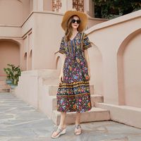 Swing Dress Ethnic Style V Neck Patchwork Straps Lace Short Sleeve Ditsy Floral Maxi Long Dress Daily sku image 19