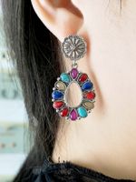 Cross-border Hot Sale Inlaid Turquoise Mixed Colored Gemstone Earrings European And American Retro Exaggerated Wind Drop-shaped Earrings main image 3