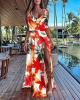 Women's Strap Dress Vacation V Neck Printing Sleeveless Flower Maxi Long Dress Holiday Without Bra main image 5
