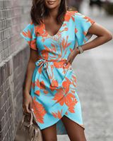 Women's Irregular Skirt Fashion V Neck Printing Short Sleeve Color Block Flower Knee-length Daily main image 5