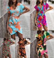 Women's Irregular Skirt Fashion V Neck Printing Short Sleeve Color Block Flower Knee-length Daily main image 1