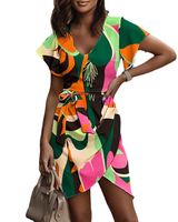 Women's Irregular Skirt Fashion V Neck Printing Short Sleeve Color Block Flower Knee-length Daily main image 3