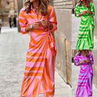 Women's A-line Skirt Elegant Turndown Printing Long Sleeve Stripe Midi Dress Daily main image 6