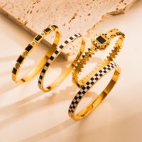 Fashion Square Checkered Stainless Steel Enamel Plating Inlay Zircon Gold Plated Bangle main image 5