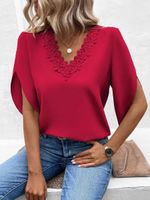 Frau Bluse Halbarm Blusen Patchwork Spitze Elegant Einfarbig main image 3