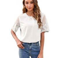 Women's Chiffon Shirt Short Sleeve Blouses Lace Casual Solid Color main image 2