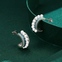 1 Paar Ins-stil Halbkreis Sterling Silber Überzug Inlay Künstliche Perlen Zirkon Überzogen Mit Rhodium Ohrstecker main image 2