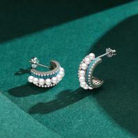 1 Paar Ins-stil Halbkreis Sterling Silber Überzug Inlay Künstliche Perlen Zirkon Überzogen Mit Rhodium Ohrstecker main image 3