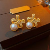 1 Pair Elegant Square Heart Shape Bow Knot Copper Plating Inlay Rhinestones Pearl Drop Earrings Ear Studs sku image 34