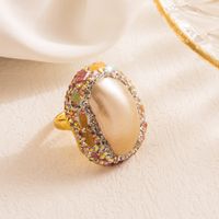 Vacation Oval Copper Gold Plated Pearl Zircon Open Ring In Bulk sku image 8