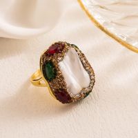 Vacation Oval Copper Gold Plated Pearl Zircon Open Ring In Bulk sku image 1