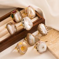 Vacation Oval Copper Gold Plated Pearl Zircon Open Ring In Bulk main image 1