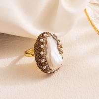 Vacation Oval Copper Gold Plated Pearl Zircon Open Ring In Bulk sku image 3